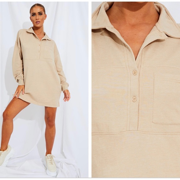 EUC PrettyLittleThing Women Stone Polo Collar Sweatshirt Mini Dress Size US 1 - Picture 7 of 12